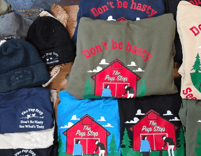 Pup Stop hats, tees and hoodies